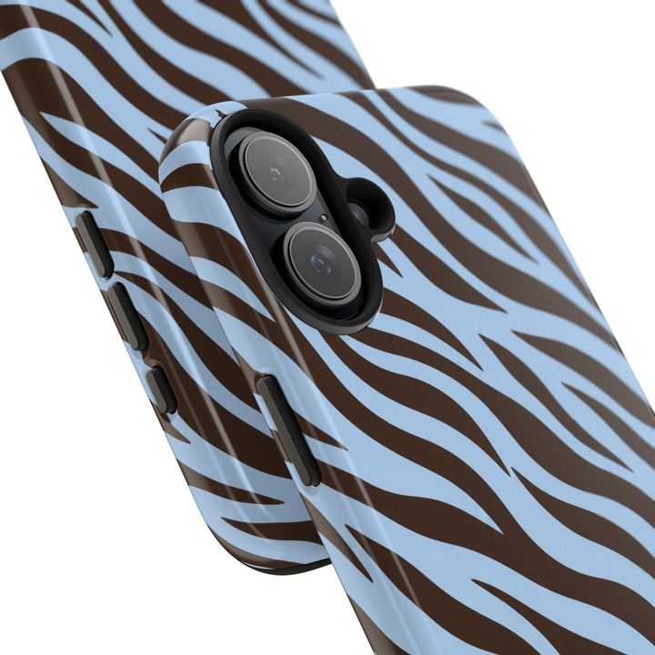 Sunday Theory blue and brown zebra print glossy protective phone case with a dual-layer design