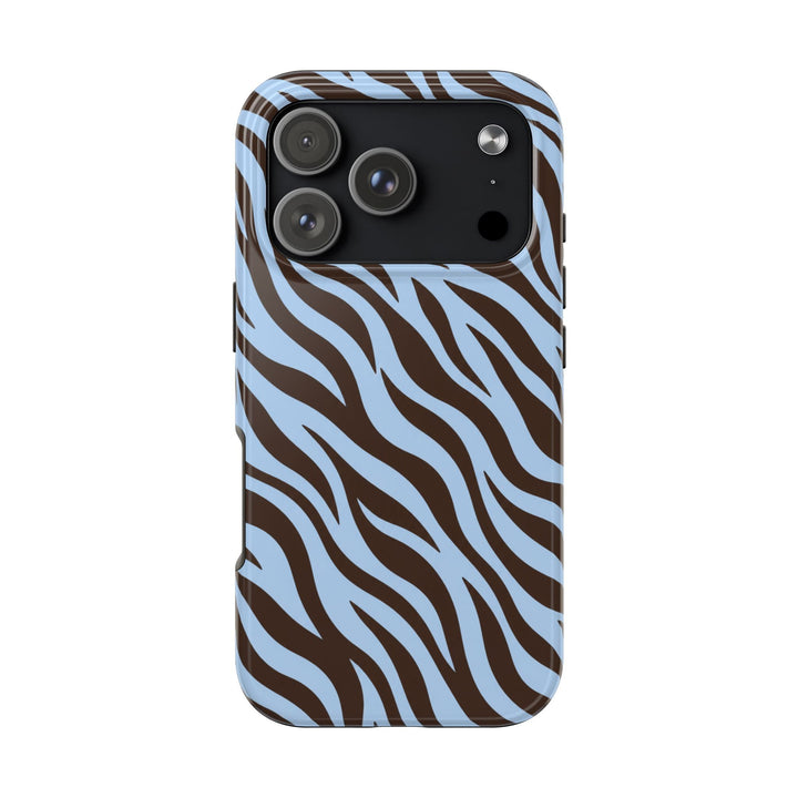 Sunday Theory protective phone case featuring a glossy blue and brown zebra stripe pattern with a camera cutout.