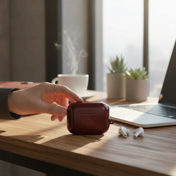 Sunday Theory burgundy glossy polycarbonate AirPod case with keyring loop on a wooden desk next to a laptop