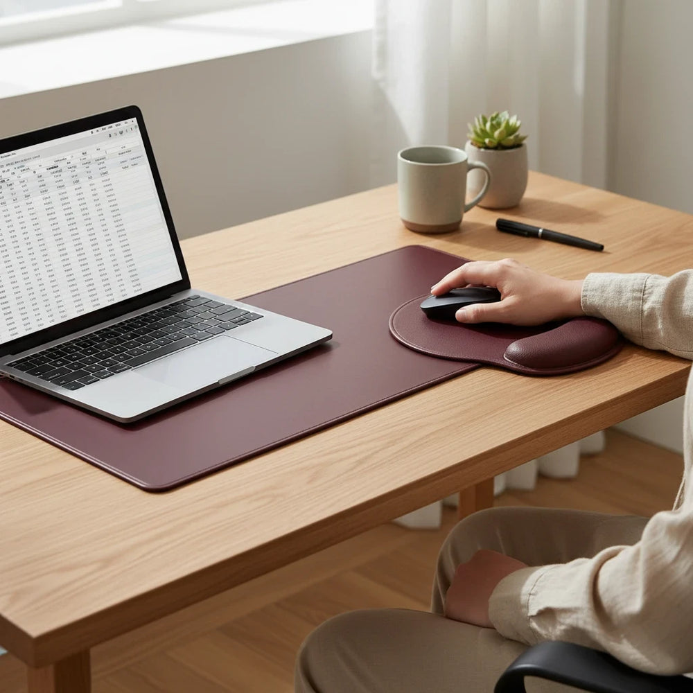 Sunday Theory burgundy desk mat and ergonomic mouse pad with wrist rest on a wooden desk with a laptop