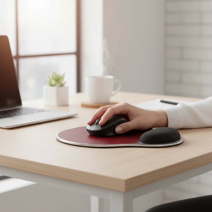 Sunday Theory burgundy ergonomic mouse pad with black memory foam wrist rest on a wooden desk with a laptop