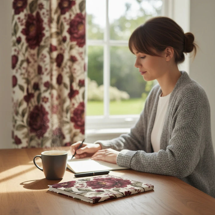 Sunday Theory burgundy floral hardcover journal lying on a wooden table next to a woman writing in a matching notebook
