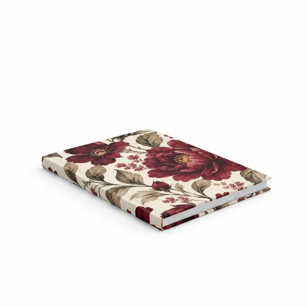 Sunday Theory vintage burgundy floral hardcover journal with a matte finish and cream background on a white surface.