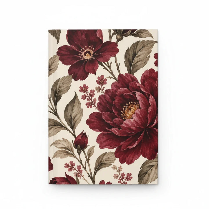Sunday Theory hardcover journal featuring a vintage burgundy floral print on a cream background with matte finish.