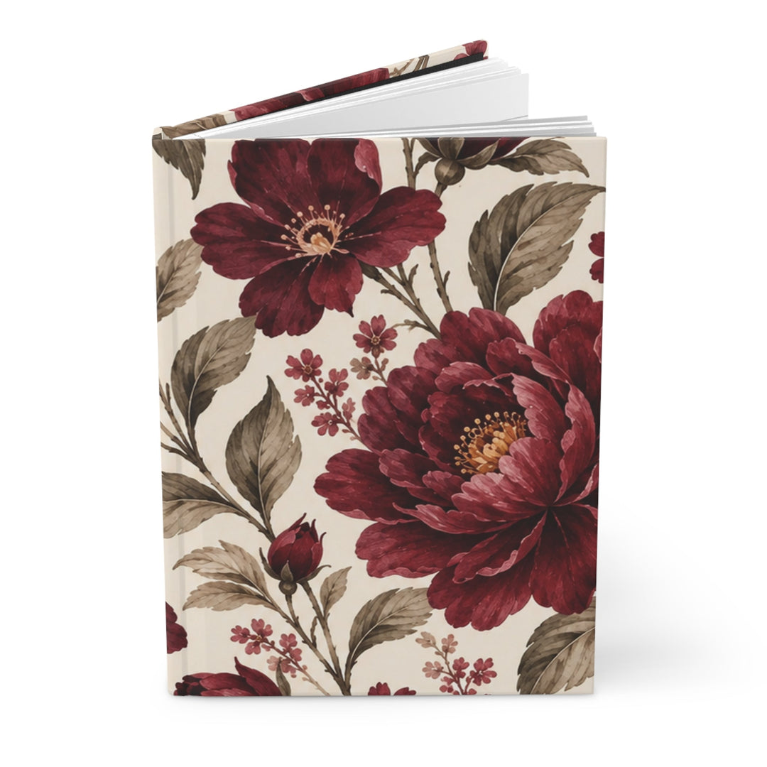Sunday Theory vintage burgundy floral hardcover journal with matte finish and flat-lay sewn binding.