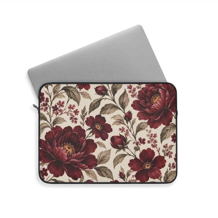 Sunday Theory laptop sleeve with vintage burgundy peony floral print on cream background and plush fleece interior