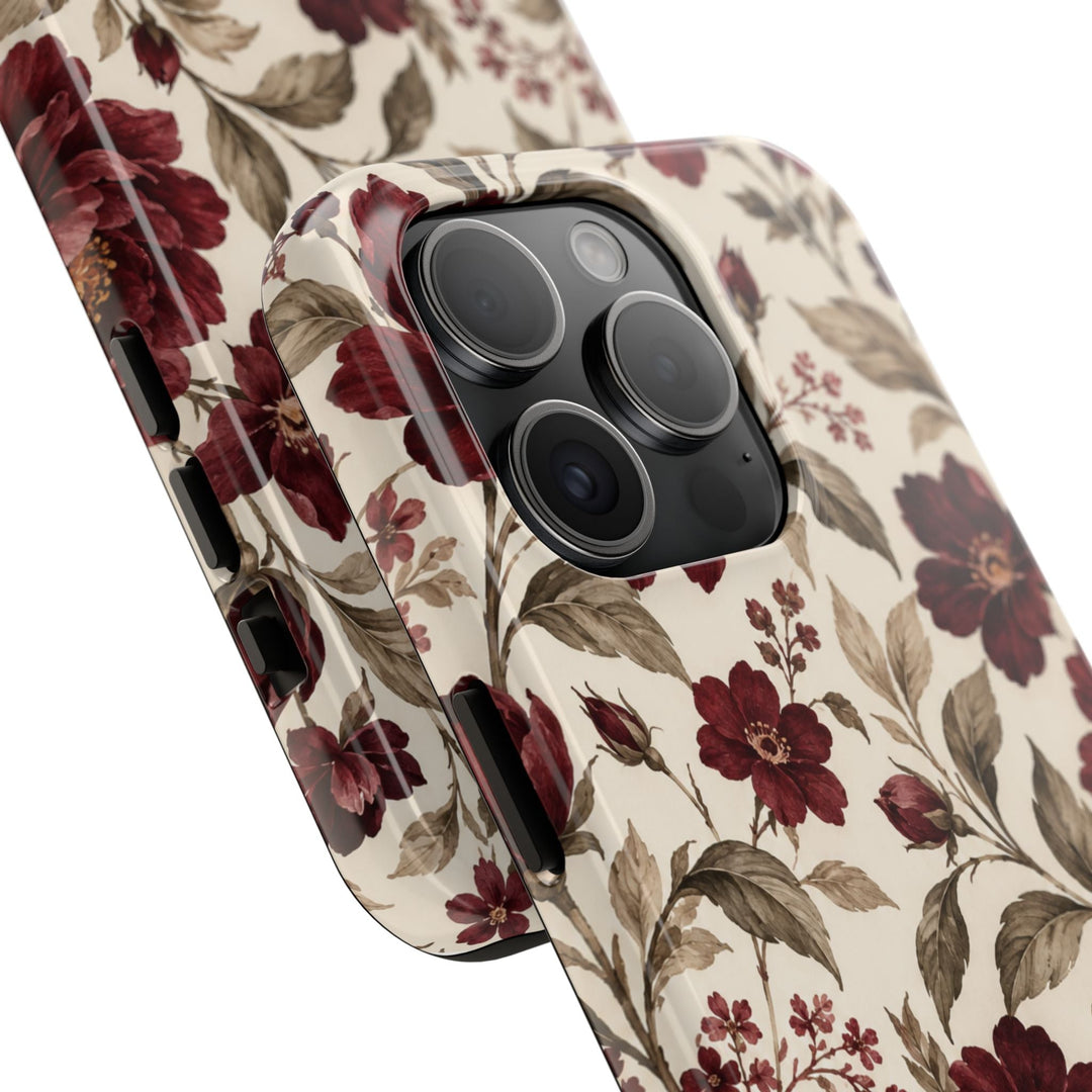 Sunday Theory vintage burgundy peony floral phone case with glossy finish and protective shock-absorbing design
