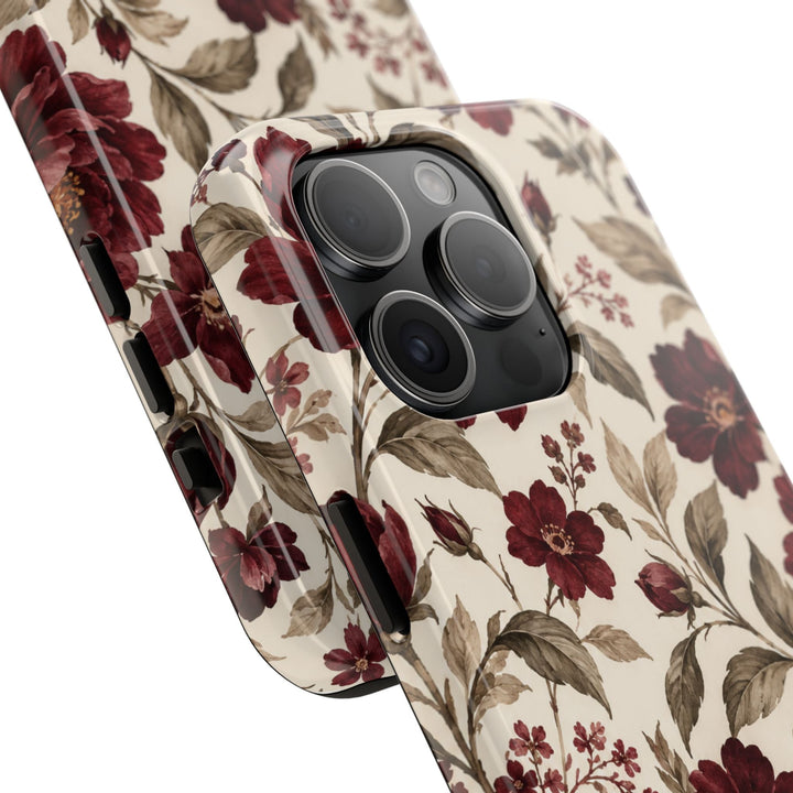 Sunday Theory vintage burgundy peony floral phone case with glossy finish and protective shock-absorbing design