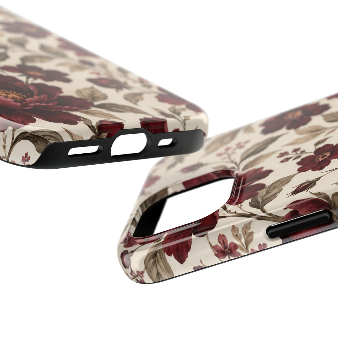 Sunday Theory tough phone case with vintage burgundy peony floral print on a cream background and black TPU liner.