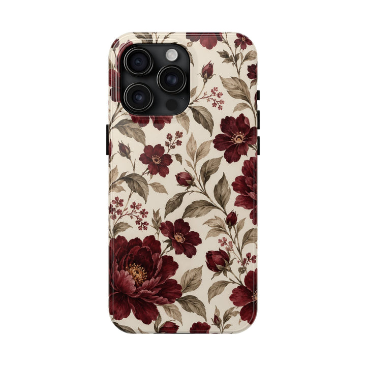 Sunday Theory vintage burgundy peony floral phone case with a glossy finish and cream background.