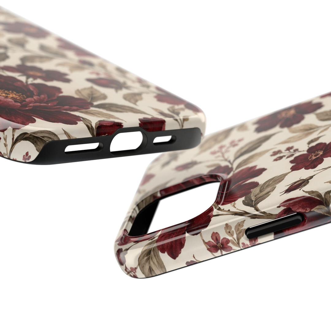 Sunday Theory vintage burgundy peony floral phone case with glossy finish and black shock-absorbing TPU liner