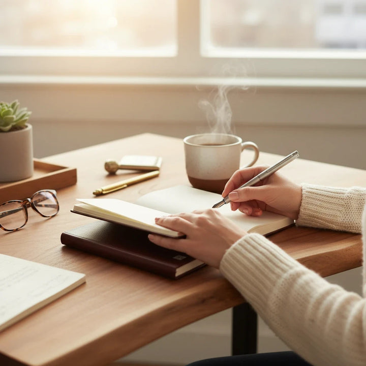 Sunday Theory burgundy hardcover journal being used for writing at a wooden desk with a steaming coffee mug