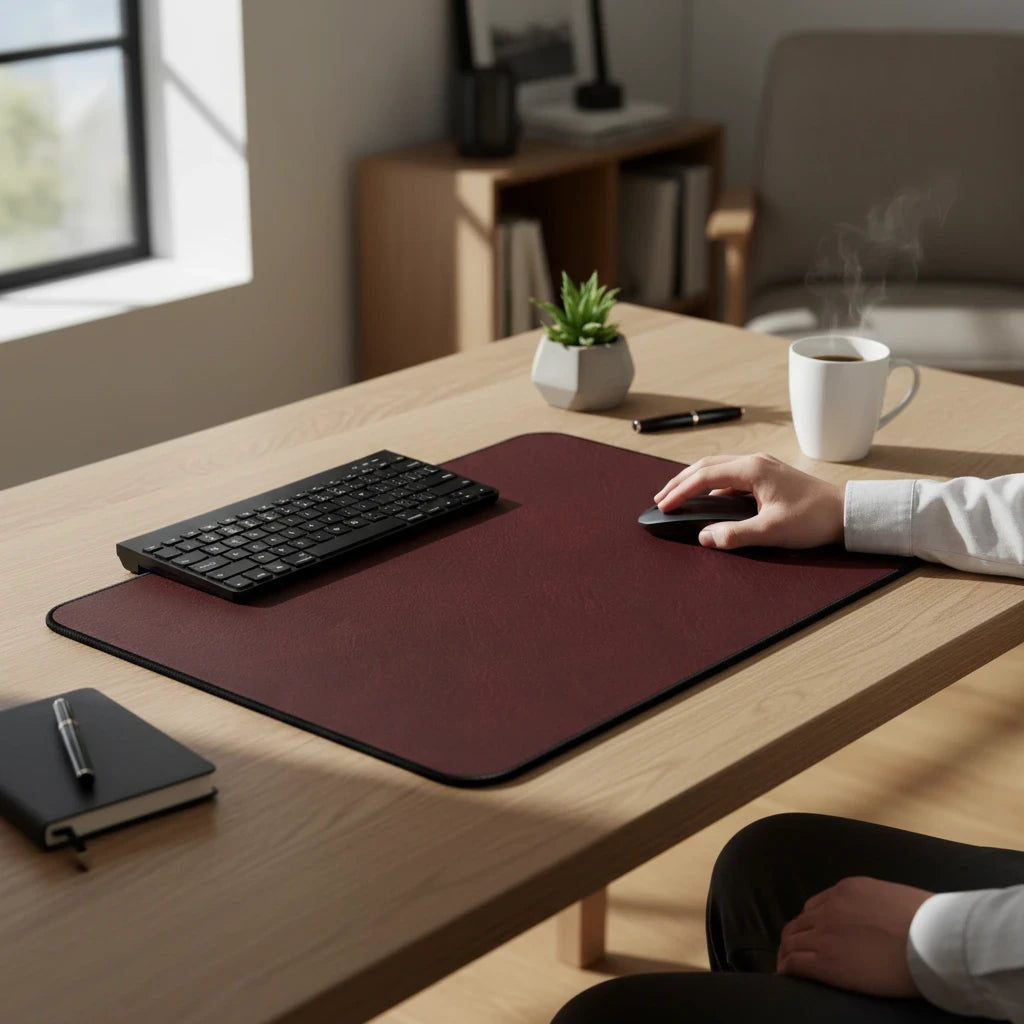 Sunday Theory burgundy neoprene desk mat on a wooden office desk with a keyboard, mouse, and coffee cup.