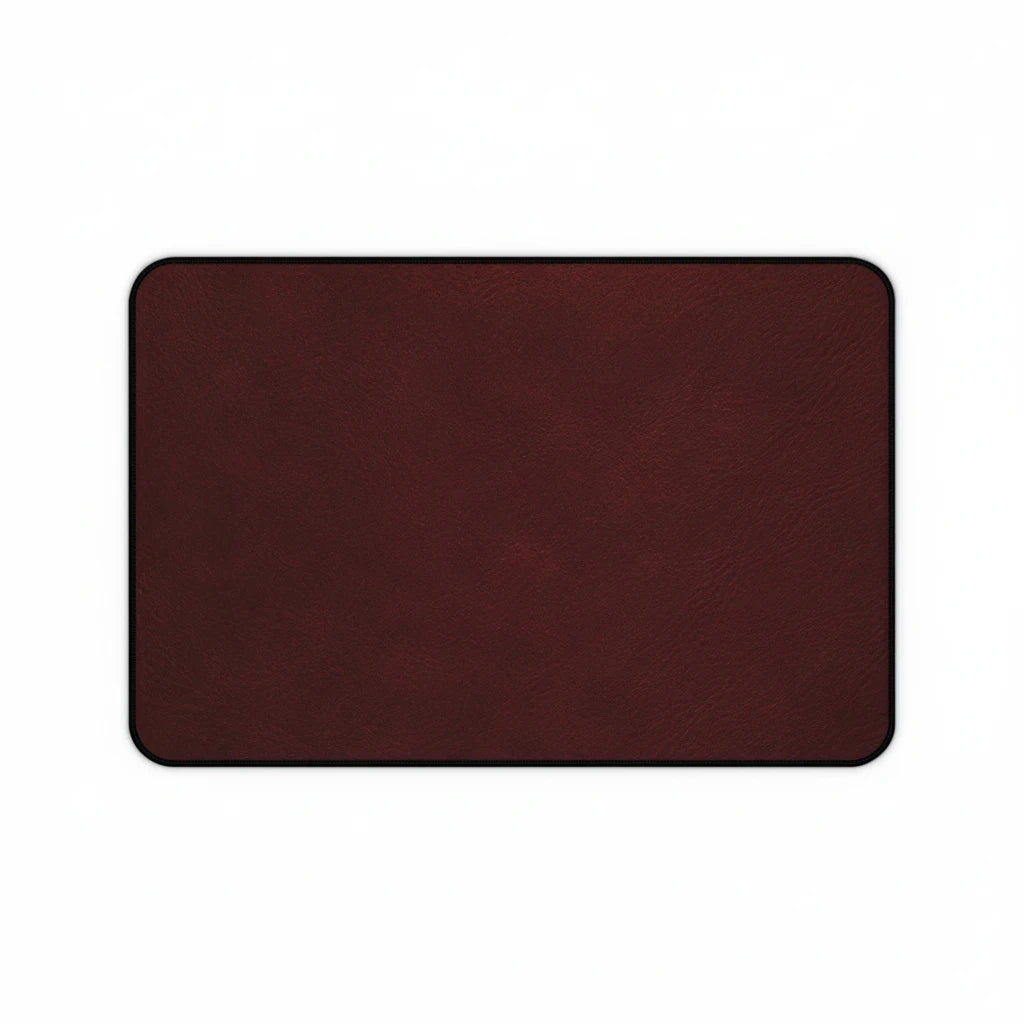 Sunday Theory burgundy leather-look neoprene desk mat with hemmed edges and a smooth, anti-slip surface.