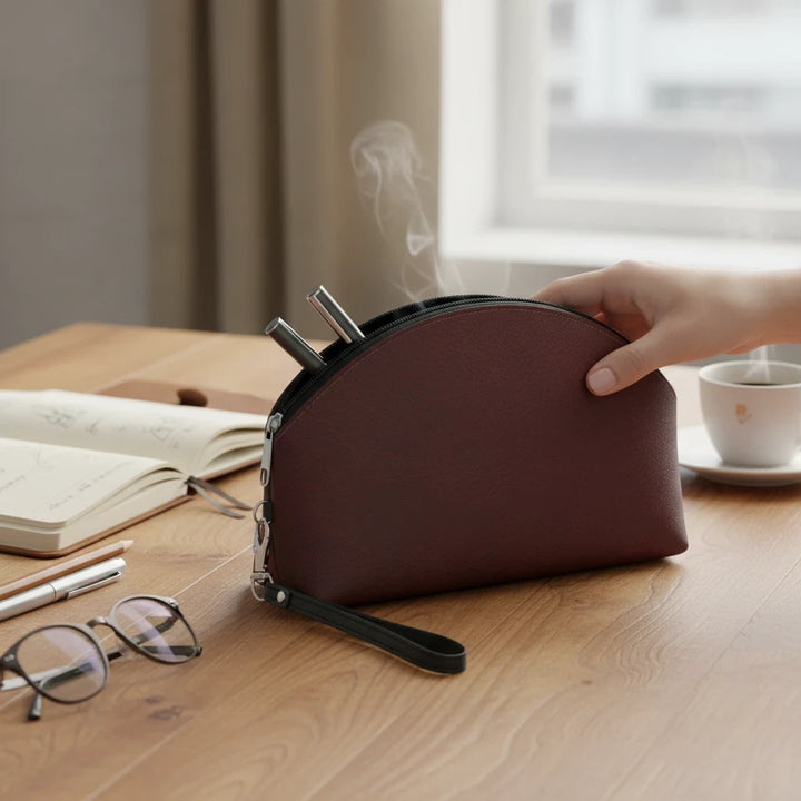 Sunday Theory burgundy faux leather makeup wristlet pouch with a curved design and detachable strap on a wooden desk.