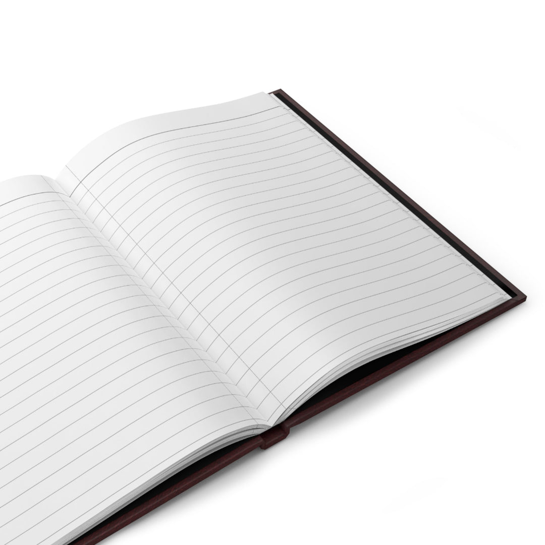 Sunday Theory burgundy hardcover journal open to show white lined pages with sewn casewrap binding