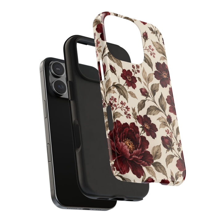 Sunday Theory vintage burgundy peony floral phone case with a cream background and protective two-piece design.