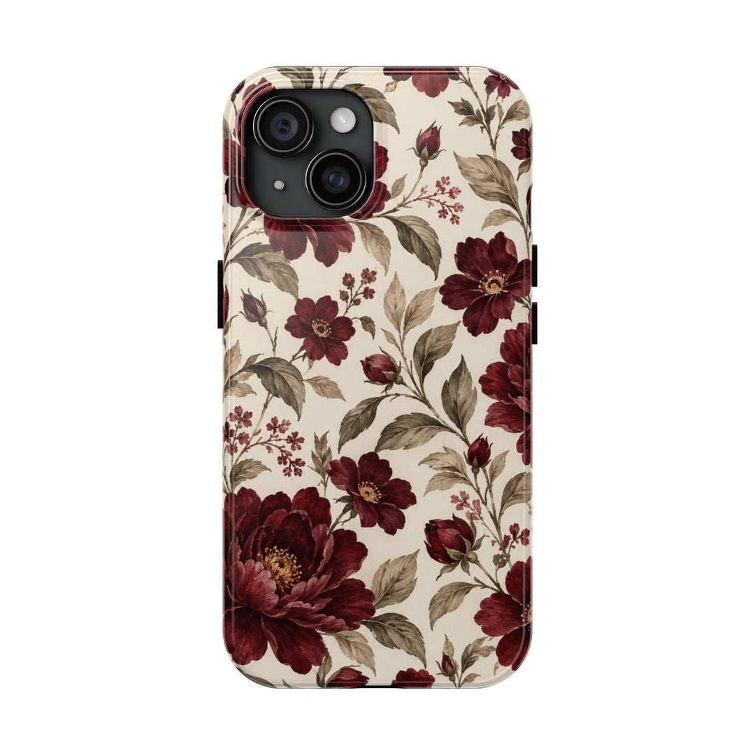 Sunday Theory protective phone case featuring a vintage burgundy peony floral pattern on a cream background.
