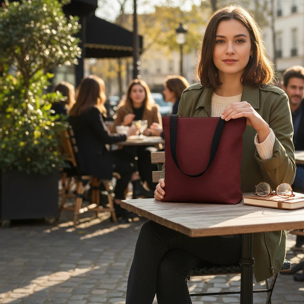 A woman sitting at an outdoor cafe holding a Sunday Theory burgundy polyester everyday tote bag with black handles.