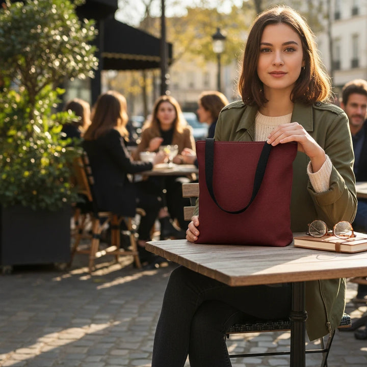 A woman sitting at an outdoor cafe holding a Sunday Theory burgundy polyester everyday tote bag with black handles.