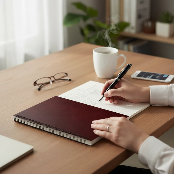 Sunday Theory burgundy spiral notebook on a wooden desk with a person writing in it next to a coffee cup and glasses