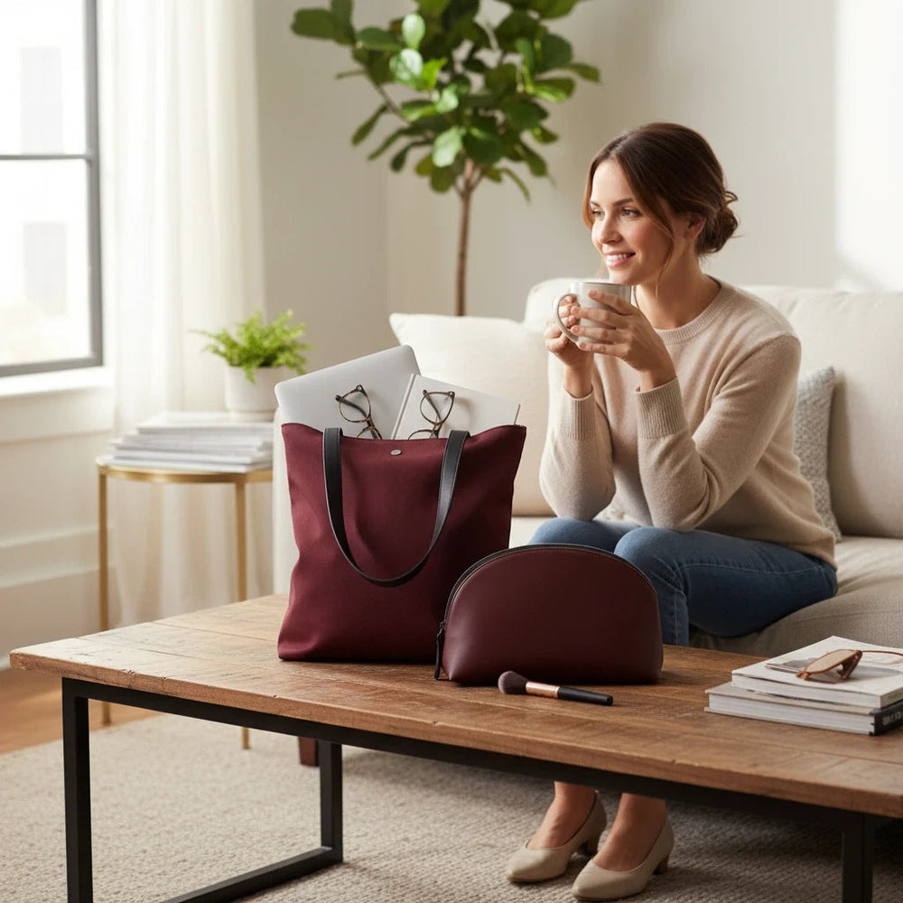 Sunday Theory burgundy canvas tote and matching leatherette cosmetic pouch set on a wooden coffee table