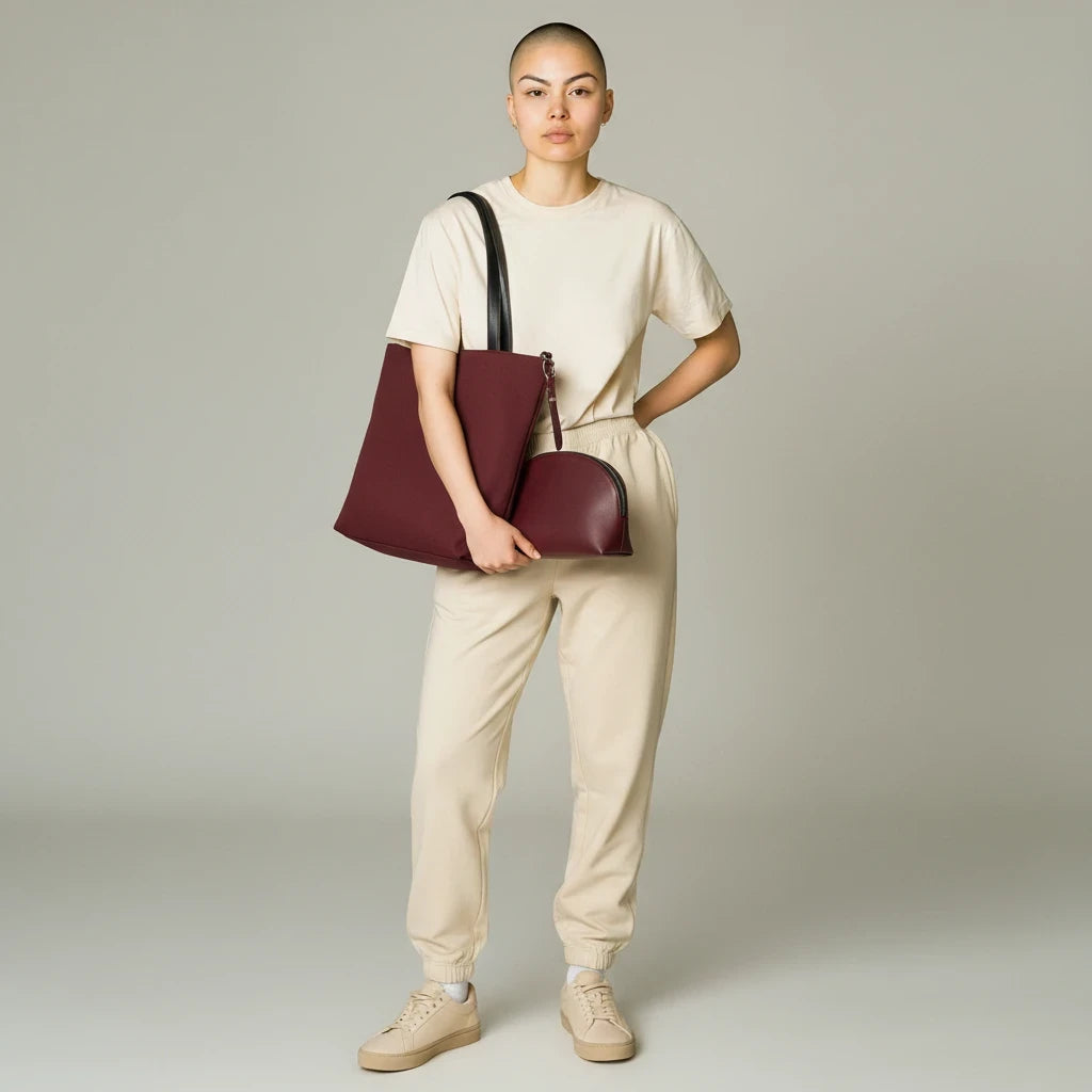 Model holding a Sunday Theory burgundy canvas tote and matching leatherette cosmetic pouch against a neutral backdrop.