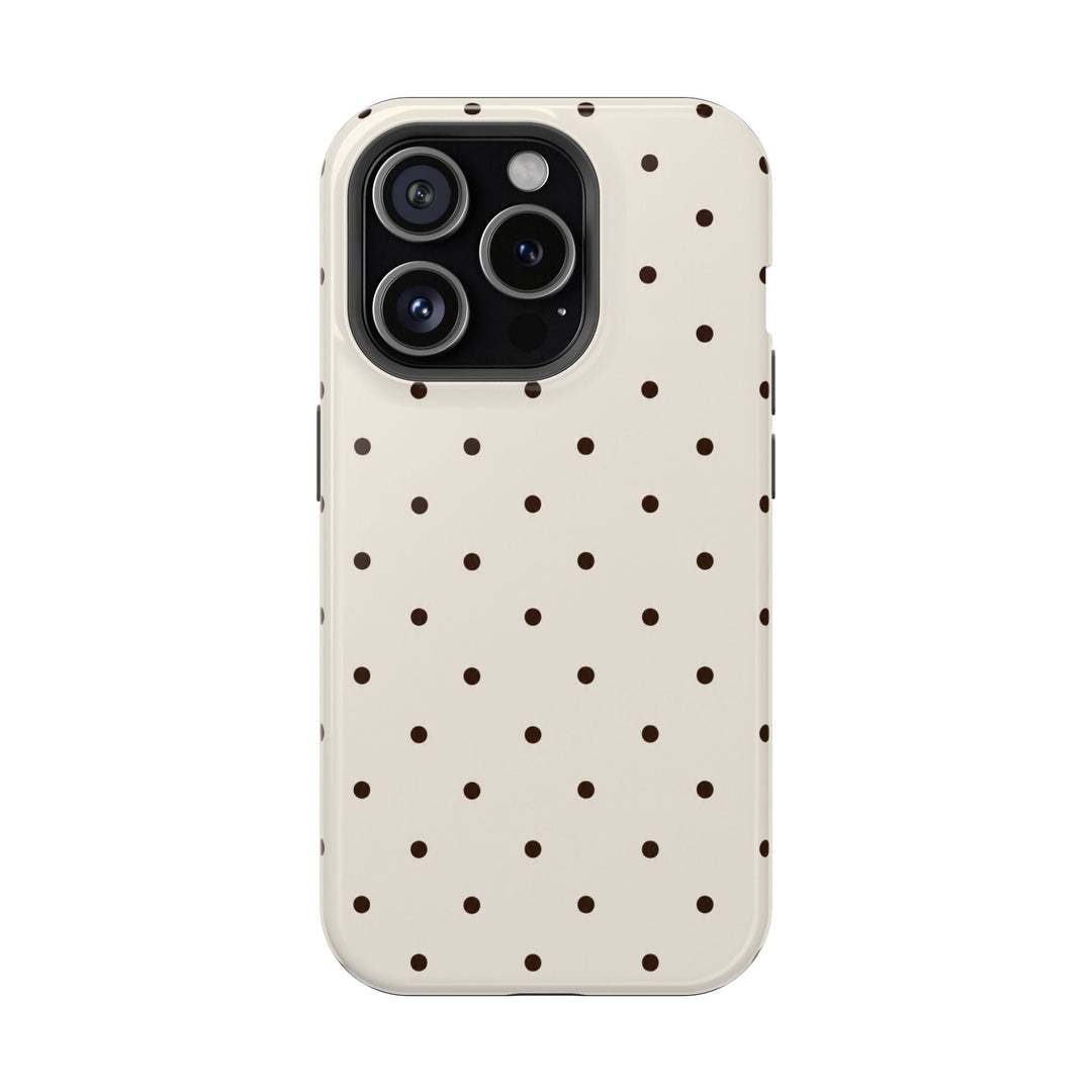 Sunday Theory cream smartphone case with a brown polka dot pattern and precise camera cutouts