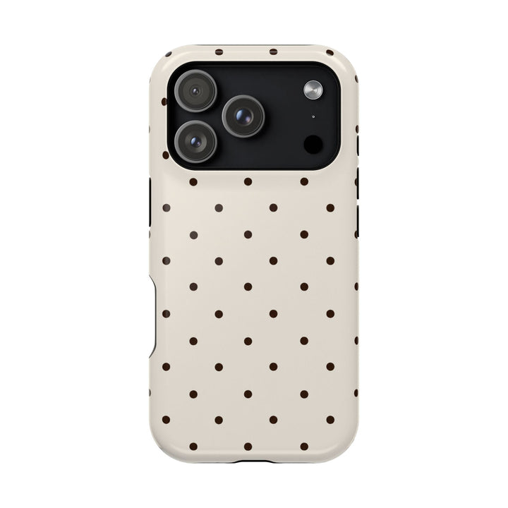 Sunday Theory protective smartphone case in cream with a brown polka dot pattern and precise camera cutouts
