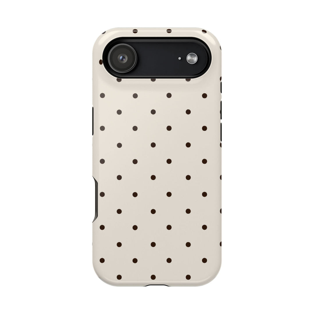Sunday Theory protective smartphone case in cream with a brown polka dot pattern and precise camera cutout