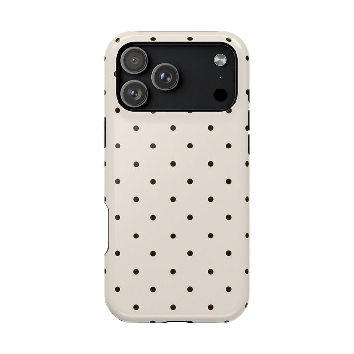 Sunday Theory cream smartphone case with dark brown polka dots and magnetic impact-resistant design