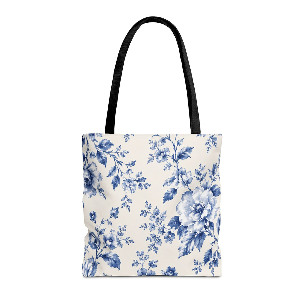 Sunday Theory floral blue toile tote bag with vintage rose print on cream fabric and black reinforced handles