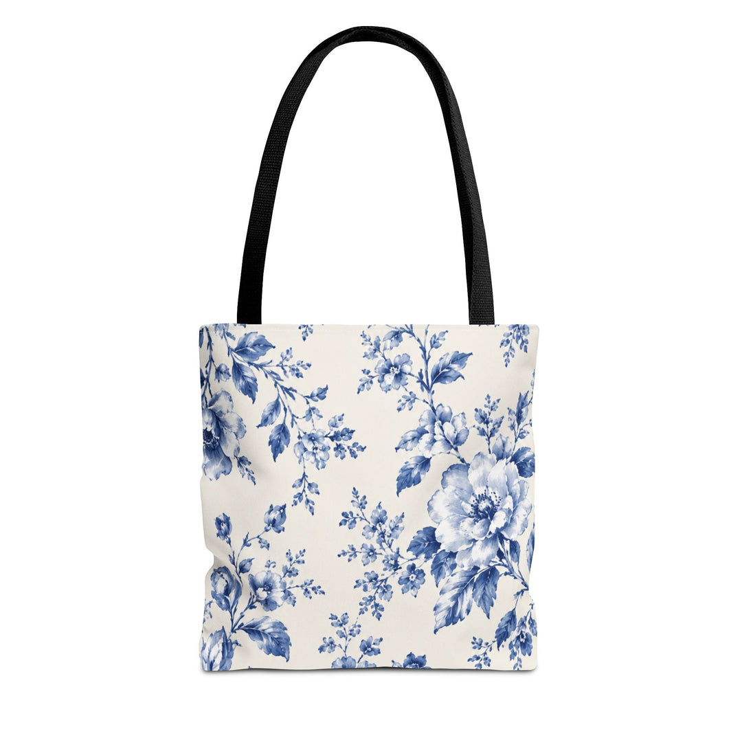 Sunday Theory floral blue toile tote bag with vintage rose print on cream background and black handles