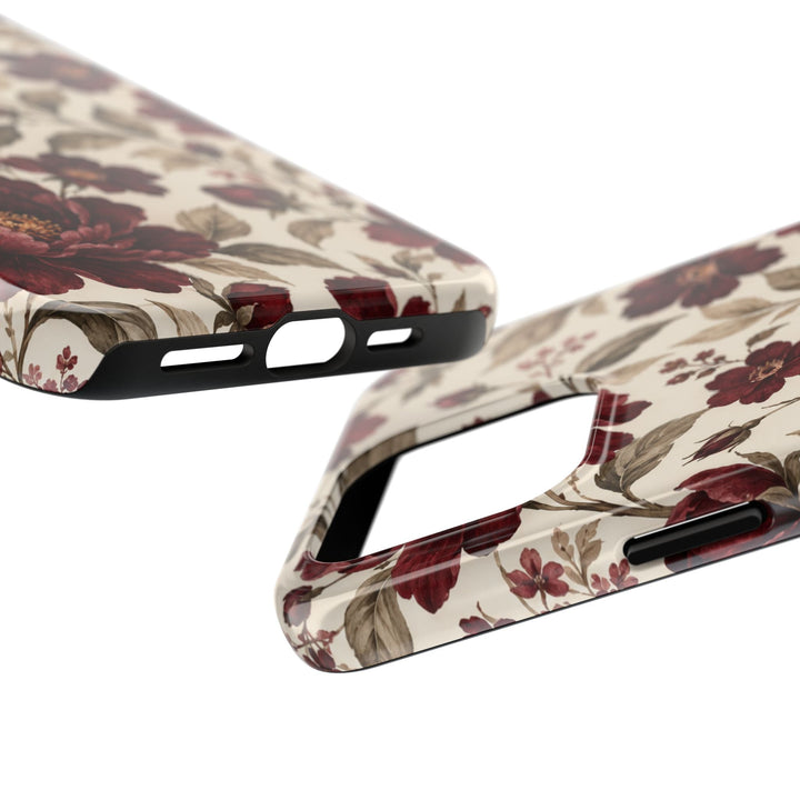 Sunday Theory floral tough phone case with vintage burgundy peonies and olive leaves on a cream glossy background.