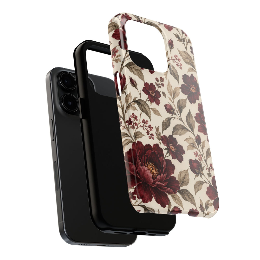 Sunday Theory vintage burgundy peony floral phone case with a cream background and protective two-piece design.