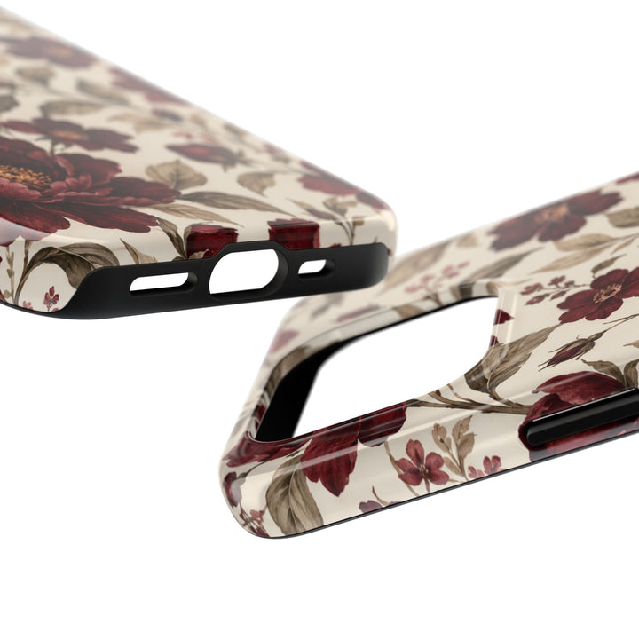 Sunday Theory floral tough phone case with vintage burgundy peonies and olive leaves on a cream glossy background.