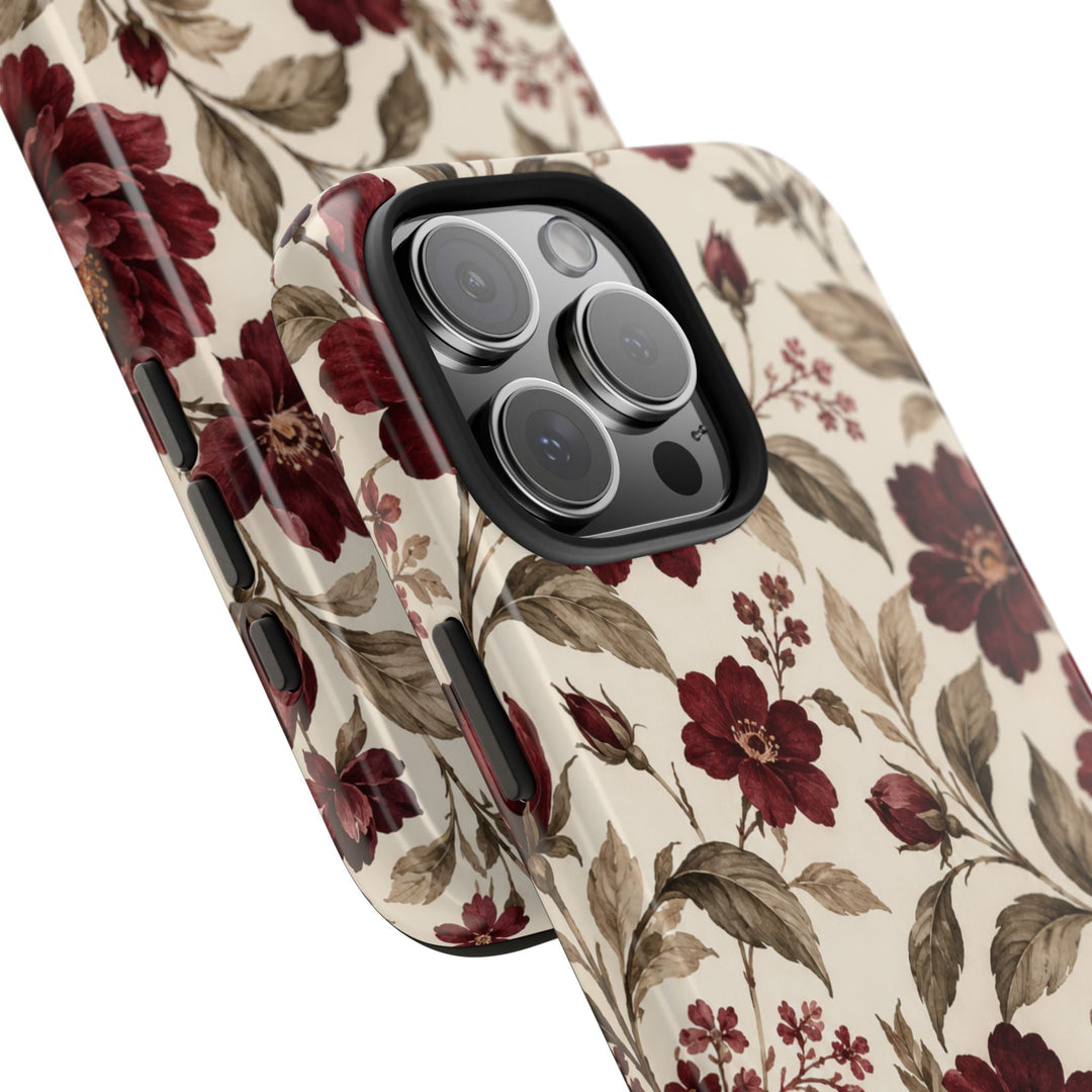 Sunday Theory vintage burgundy peony floral phone case with a glossy finish and protective black TPU liner