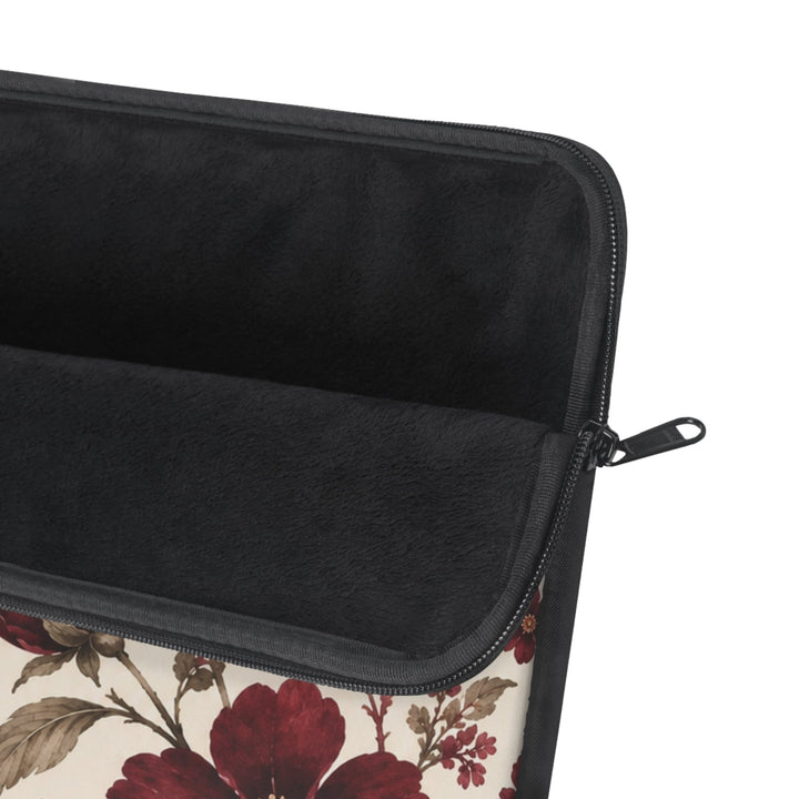 Sunday Theory laptop sleeve featuring vintage burgundy peony floral print with a soft black plush fleece interior.