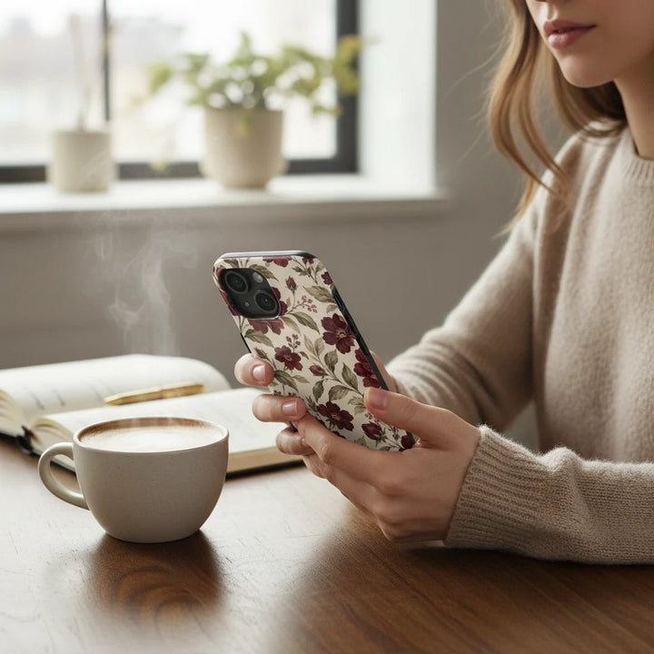 Sunday Theory floral phone case with burgundy peonies on cream background held by a woman at a cafe table.
