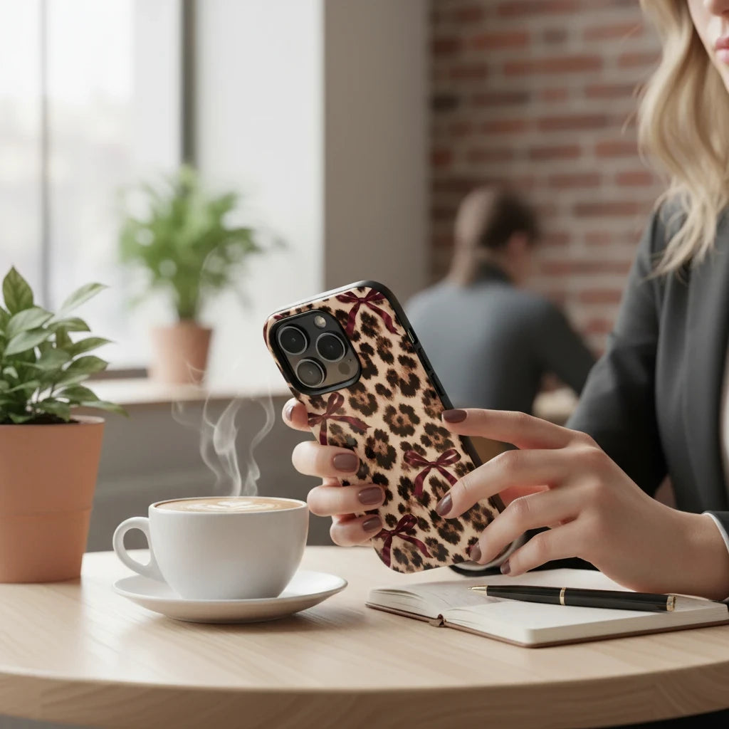 Sunday Theory leopard print phone case with burgundy bows held by a woman in a cafe setting with coffee and a notebook