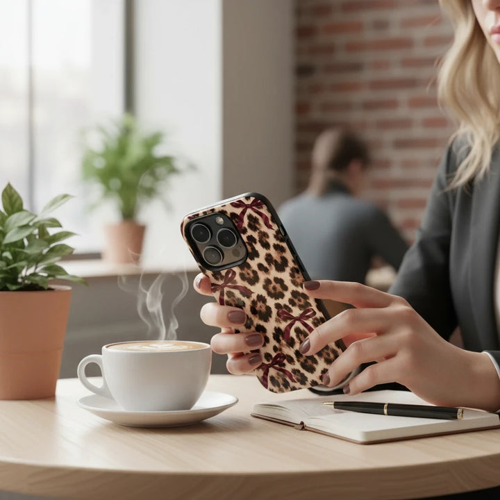 Sunday Theory leopard print phone case with burgundy bows held by a woman in a cafe setting with coffee and a notebook