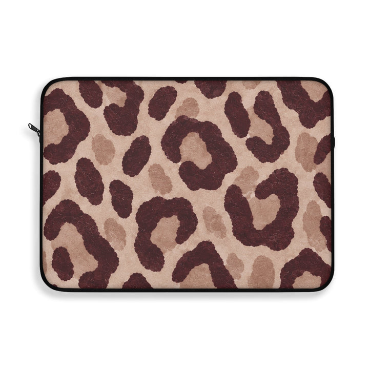 Sunday Theory leopard print laptop sleeve in blush and burgundy with a protective plush fleece interior.