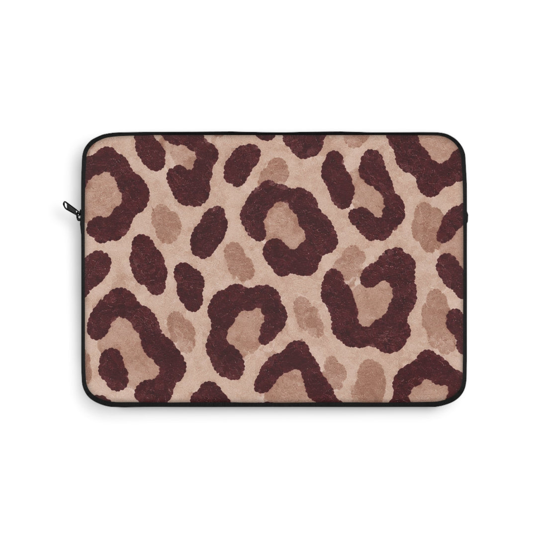 Sunday Theory leopard print laptop sleeve in blush and burgundy with a protective polyester exterior and zipper.