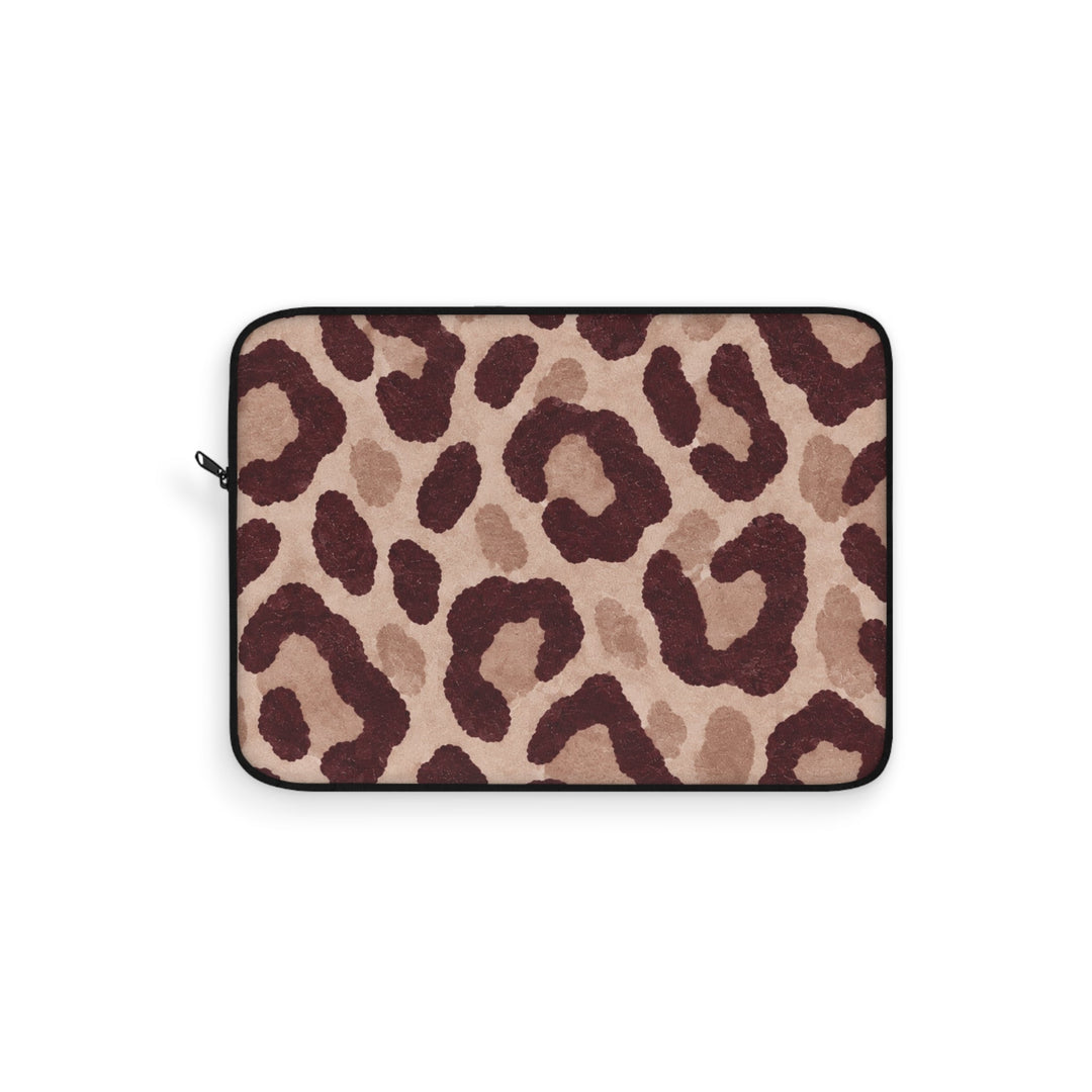 Sunday Theory leopard print laptop sleeve in blush and burgundy with a protective polyester exterior and zipper.