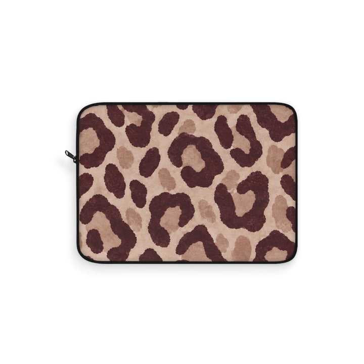 Sunday Theory leopard print laptop sleeve in blush and burgundy with a protective polyester exterior and zipper.
