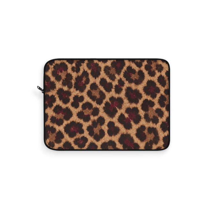 Sunday Theory leopard print laptop sleeve with tan, brown, and berry spots and a protective fleece-lined interior.