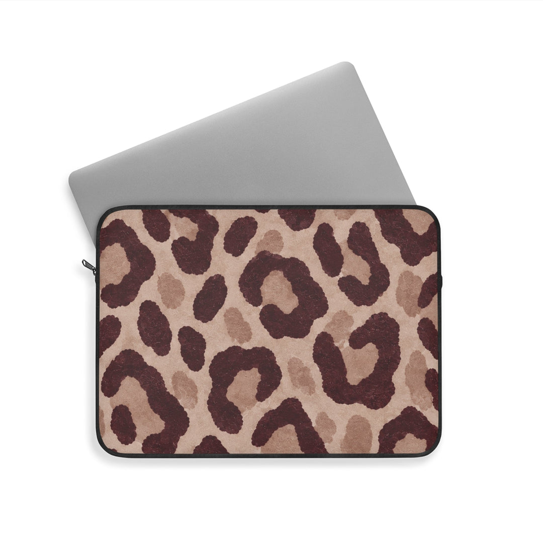 Sunday Theory leopard print laptop sleeve in blush and burgundy with a protective fleece interior and metal zipper.