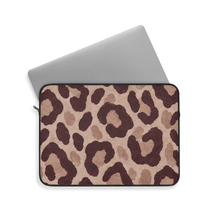 Sunday Theory leopard print laptop sleeve in blush and burgundy with a protective fleece interior and metal zipper.