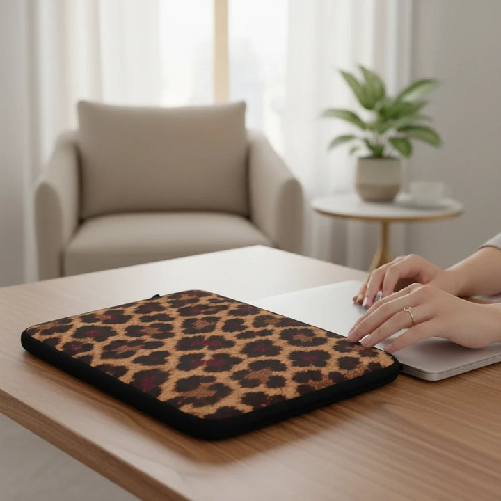 Sunday Theory leopard print laptop sleeve with plush interior on a wooden desk next to a laptop and cozy chair