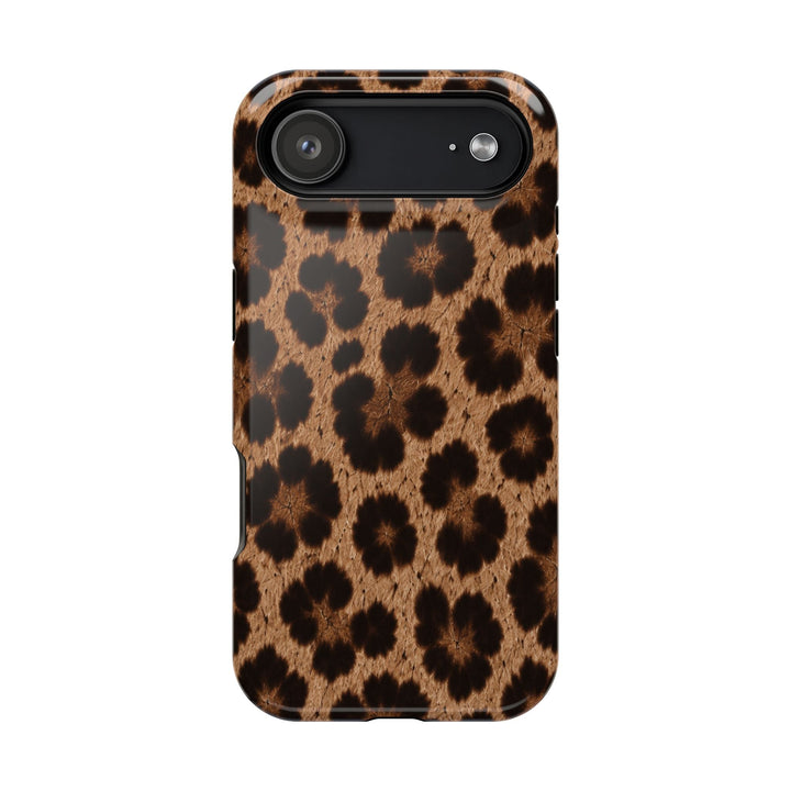 Sunday Theory impact-resistant phone case featuring a realistic brown and black leopard print pattern with MagSafe.